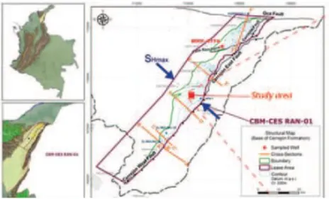 Gambar 1. Peta geologi Cekungan Cesar-Rancheria utara dengan lokasi area studi dan arah maksimum stress  horizontal diusulkan berdasarkan setting geologi