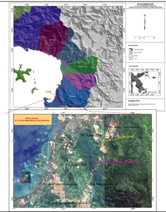 Gambar 2. Peta lokasi daerah penelitian IUP PT. PMS Pomalaa Kolaka, Sulawesi Tenggara               (Modifikasi dari Raivel dan Firman, 2020)