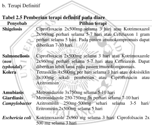 Tabel 2.5 Pemberian terapi definitif pada diare 