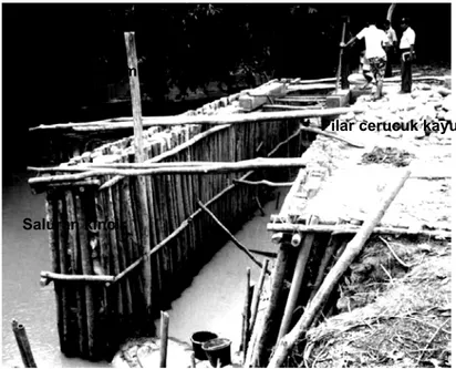Gambar 5   Contoh saluran kincir air dan bangunan peninggi muka air  dari cerucuk kayu 