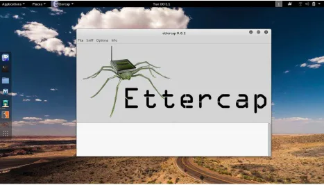Gambar 3.2.1 : Cari Ettercap pada Start Menu Kali Linux. 