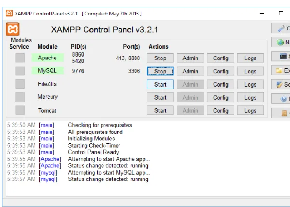 Gambar 4.1 Running Apache dan MySQL di XAMPP  4.2.2 Pembuatan Database 