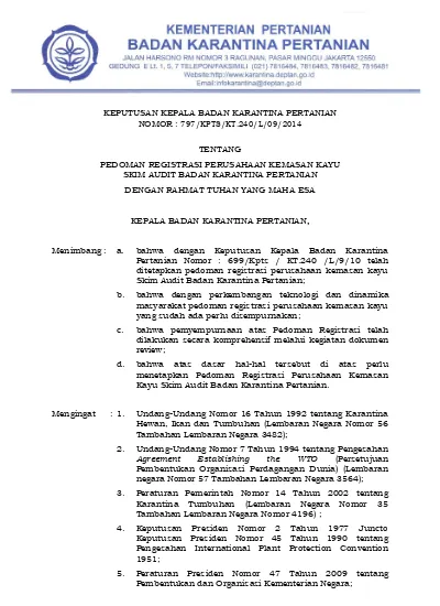 KEPUTUSAN KEPALA BADAN KARANTINA PERTANIAN NOMOR : 797/KPTS/KT.240/L/09 ...