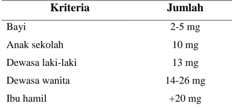 Tabel 3. Angka Kecukupan Zat Besi untuk Indonesia 