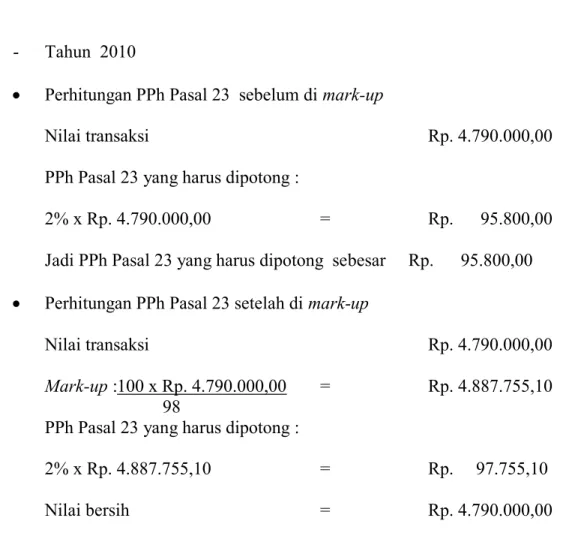 Tabel 4.7: Perbandingan PPh Ps.23 sebelum dan setelah di mark-up untuk jasa            pembuatan company profil tahun 2010