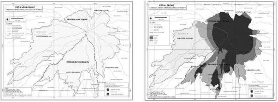 Gambar 3.          Peta persebaran kerusakan bangunan akibat erupsi Gunung Merapi (Kiri), Peta zona bahaya Gunung Merapi (Kanan) 