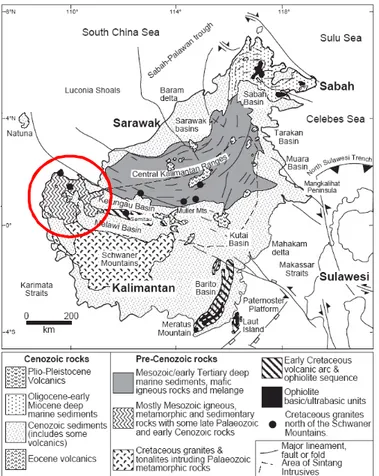 Gambar 1. Geologi regional Pulau Kalimantan (Wilson and Moss, 1999) dan wilayah daerah penelitian di Singkawang dan sekitarnya, Kalimantan Barat (ditandai dalam lingkaran)