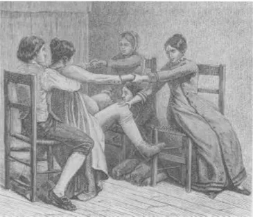 Gambar 4. Ilustrasi dari Engelmann’s tentang persalinan seorang wanita yang  dibantu oleh paraji, suami, dan dua orang pembantu paraji (Dundes, 1987) 