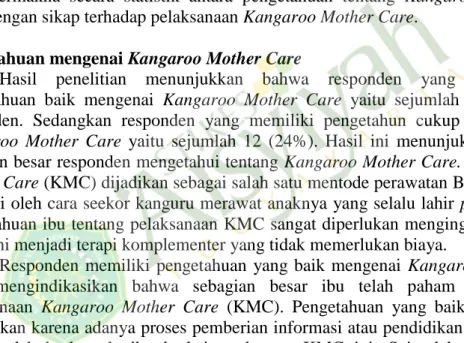 Tabel  4.  Hubungan  Pengetahuan  tentang  Kangaroo  Mother  Care  dengan  Sikap  terhadap  Pelaksanaan  Kangaroo  Mother  Caredi  RS  Panembahan  Senopati Bantul Tahun 2013 