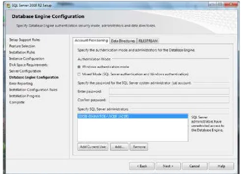 Gambar 5. Setup instalansi Sql Server 2008 Database Engine Configuration 
