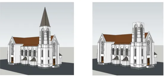 Gambar 1. Obyek 1 menara lonceng gereja dengan atap (kiri), dan tanpa atap (kanan)  Sumber: Hasil Analisis, 2016 