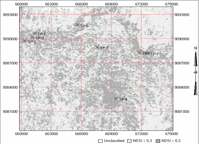 Gambar 4.  Citra yang menggambarkan area penelitian (warna gelap, NDSI  &gt; 0,3). TP-1 sampai TP-8 adalah titik  pengamatan lapangan 1 sampai 8.