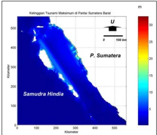 Gambar 8. Ketinggian tsunami maksimum di pantai Provinsi  Sumatera Barat.