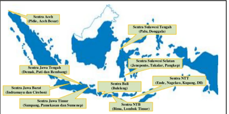 Gambar 1. Peta Persebaran Sentra Garam di Indonesia  Tabel 1. Produksi Garam Tiap Sentra Tahun 2007 – 2009 