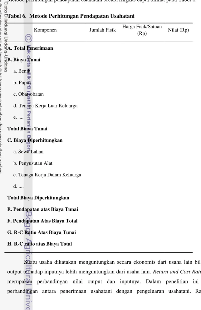 Tabel 6.  Metode Perhitungan Pendapatan Usahatani 