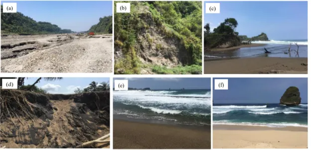 Gambar 1: Lokasi Pengambilan Sampel Material Tanah Pasir; (a) dan (b) Area lahar dingin dari  Gunung Kelud di sepanjang Sungai Kali Putih; (c) dan (d) Pantai Wonogoro; (e) Pantai Jolangkung; dan 