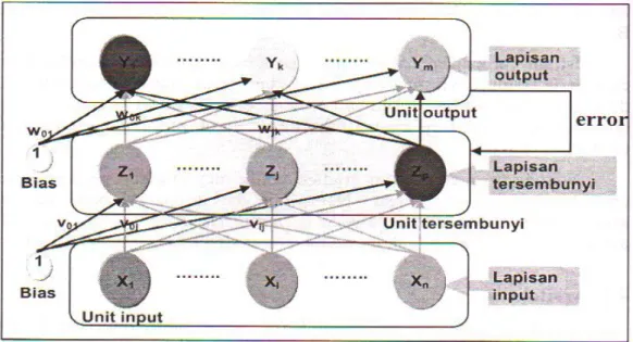 Gambar  2.1  Jaringan  propagasi  balik  dengan  satu  buah  lapisan  tersembunyi  (Puspitaningrum, 2006) 
