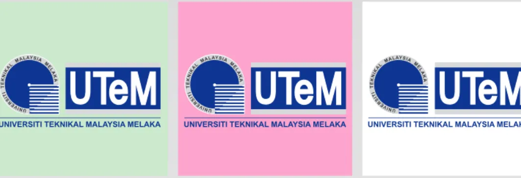 Ilustrasi yang disediakan di sini adalah di antara beberapa  contoh pembentukan logo UTeM dalam pelbagai versi warna  terhadap penggunaan latar belakang yang berwarna gelap  dan cerah.
