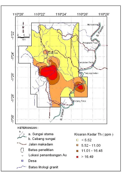 Gambar 7. Peta Sebaran Kadar Th pada monasit di Daerah Pangkalan Telok Ketapang.  Sebaran  mineral  radioaktif  sangat  tergantung  pada  keberadaan  sedimen  Kuarter  di  daerah  penelitian