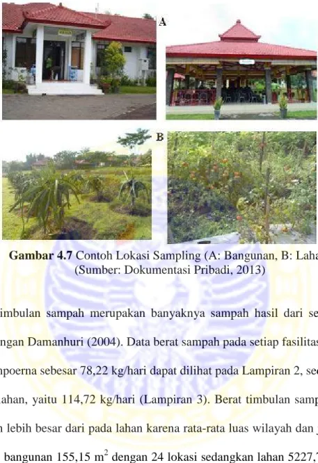 Gambar 4.7 Contoh Lokasi Sampling (A: Bangunan, B: Lahan) (Sumber: Dokumentasi Pribadi, 2013)