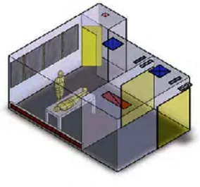 Diagram skematis ruang isolasi berventilasi ideal dengan sistem ventilasi mekanis.