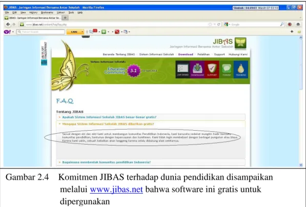 Gambar 2.4    Komitmen JIBAS terhadap dunia pendidikan disampaikan  melalui www.jibas.net bahwa software ini gratis untuk  dipergunakan 