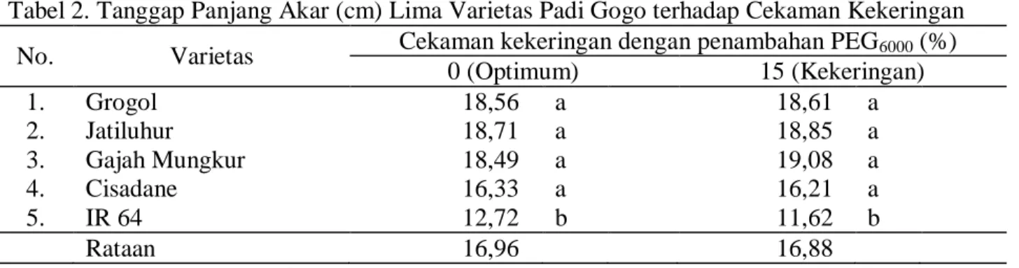 Tabel 2. Tanggap Panjang Akar (cm) Lima Varietas Padi Gogo terhadap Cekaman Kekeringan   No