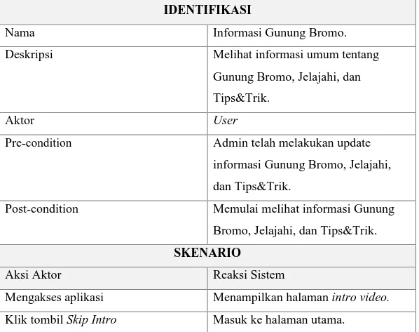 Tabel 3.8 Use Case Skenario Info Gunung Bromo, Jelajahi, dan Tips&amp;Trik IDENTIFIKASI