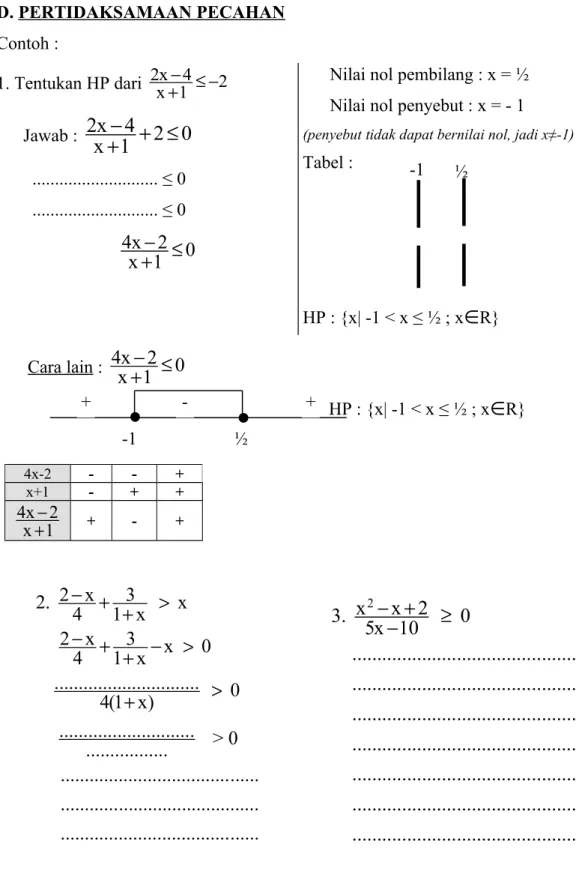 Tabel :  HP : {x| -1 &lt; x ≤ ½ ; x∈R}   Cara lain :  4x 2 0 x 1 + − ≤                                                                           HP : {x| -1 &lt; x ≤ ½ ; x∈R}  2 x 3 2