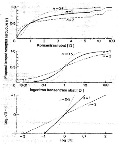 Gambar 3. Tiga kurva yang menggambarkan hubungan antara pendudukan  reseptor dan konsentrasi obat dari persamaan 6 dengan KD = 1 dan nilai n  adalah bervariasi; r adalah proporsi sisi reseptor yang diduduki (Bowman  dan Rand, 1980)