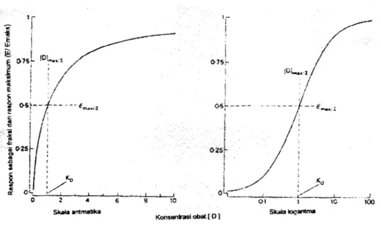 Gambar 4. Kurva respon-konsentrasi, plotting respon vs. konsentrasi atau  logaritma konsentrasi agonis [ D ] (Bowman dan Rand, 1980)