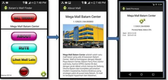 Gambar 2 Pengujian Pencarian Mall Terdekat dan Informasinya:  Kiri: aplikasi menemukan mall terdekat dari posisi pengguna 