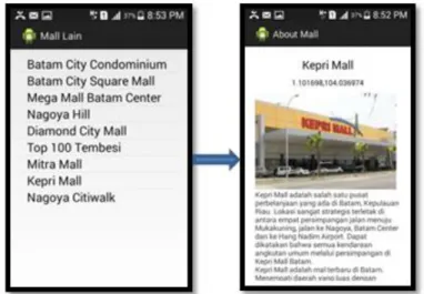 Gambar 3 Pengujian Pencarian Mall Lain dan Informasinya  Kiri: aplikasi menemukan mall lain 