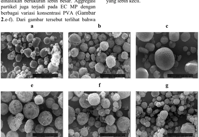 Gambar  2.  Hasil  SEM  mikropartikel  ethyl  cellulose  (EC)  yang  dibuat  dengan  metode  emulsifikasi  menggunakan  0.5%  PVA  dengan  berbagai  konsentrasi  EC  yaitu  2.5%  (a),  5%(b)  dan  10%(c)