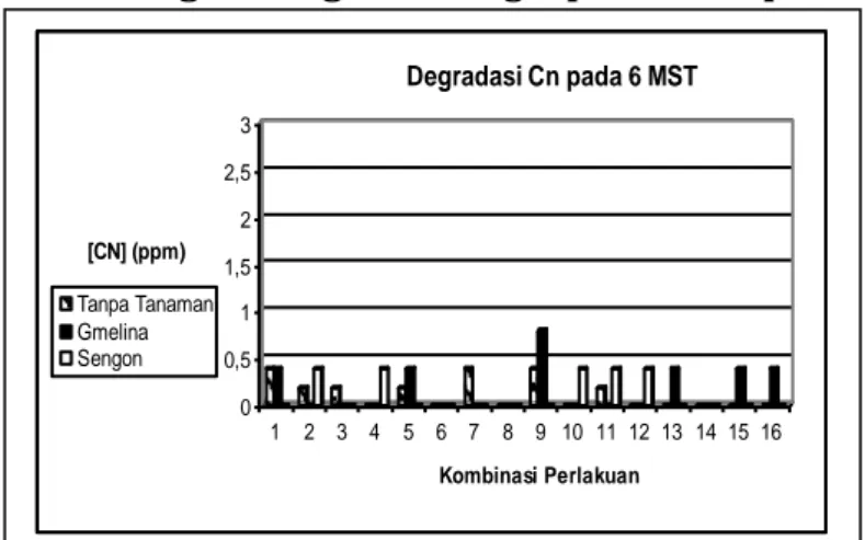 Gambar 7.  Degradasi Sianida pada perlakuan tanpa tanaman, Gmelina dan  Sengon dengan berbagai perlakuan pada 6 MST 