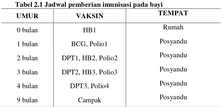 Tabel 2.1 Jadwal pemberian imunisasi pada bayi 