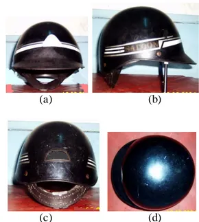 Gambar  1.  Helmet  sepeda  motor  non- non-standard ; (a) tampak depan, (b) samping, (c)  belakang, dan (d) atas