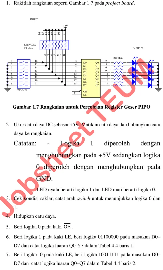 Gambar 1.7 Rangkaian untuk Percobaan Register Geser PIPO 