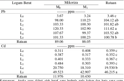Tabel 7.  Kadar Pb dan Cd (ppm) total tanah setelah panen akibat pemberian mikoriza arbuskular, logam berat dan interaksinya