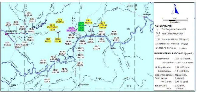 Gambar 1. Peta distribusi radon wilayah Sungai Kapuas   (Segmen Enggang Raya- Tayan – Padu di Kabupaten Sanggau)