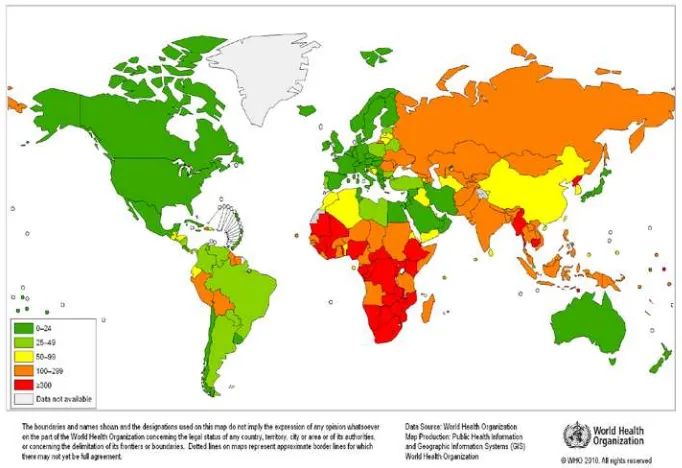 Gambar 1.1  Prevalensi TB Paru di Dunia Tahun 2010 (WHO, 2010) 