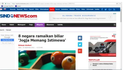 Gambar 3.3 Publikasi Sindo News turnamen billiard internasional di  New Hanggar Billiard 