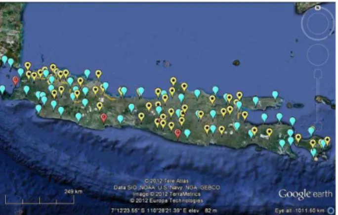 Gambar I. 1. Persebaran stasiun CORS di Jawa (BIG: Biru, BPN: kuning,  GITEWS(merah)) (Abidin :2012) 