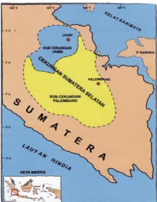 Gambar X.1 :   Peta lokasi cekungan  Sumatera Selatan (Hadipandoyo, 2007)