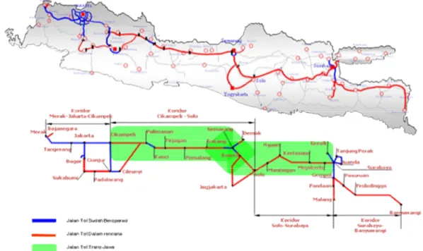 Gambar 2-1: Peta rencana jalan tol trans Jawa  Adapun panjang masing-masing ruas jalan tol tersebut adalah : 