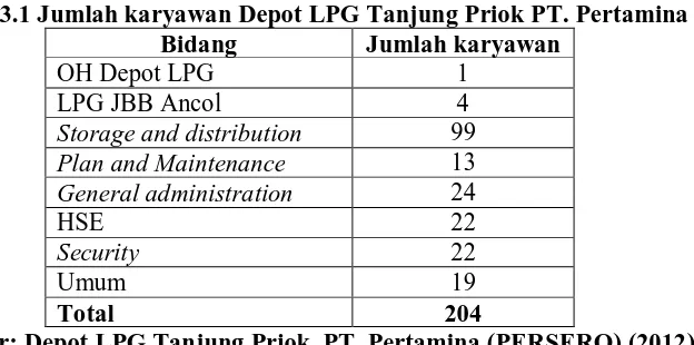 Tabel 3.1 Jumlah karyawan Depot LPG Tanjung Priok PT. Pertamina Bidang Jumlah karyawan 