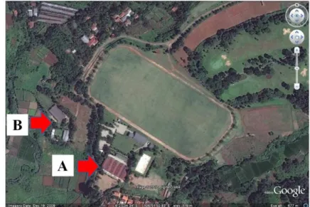 Gambar 2. Foto Udara Nusantara Polo Club (Google Earth), A. Kandang Alfa  dan B. Kandang Bravo 