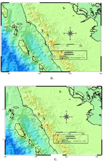 Gambar 3. Visualisasi kecepatan pergeseran (a) interseismic gempa Kepulauan Batu; (b) postseismic gempa Kepulauan Batu; (c) interseismic gempa Sumatra  Selatan; (c) postseismic gempa Sumatra Selatan 