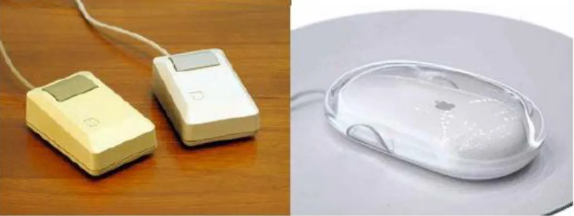 Gambar 6: Mouse satu tombol Apple: Apple Macintosh Plus mouse tahun 1986 (kiri) dan mouse  terbaru Apple yang artistik (kanan)