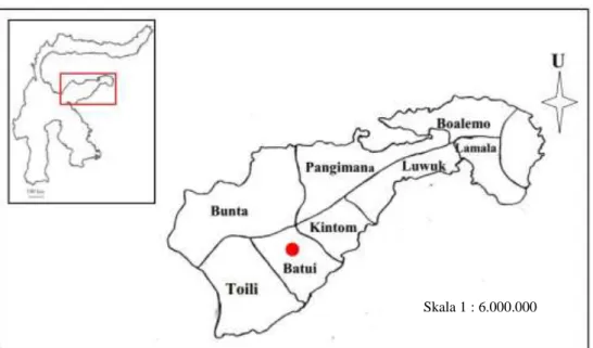 Gambar 1.  Peta Lokasi Penelitian di Kabupaten Banggai Sulawesi Tengah.   Tanda      = titik pengambilan sampel